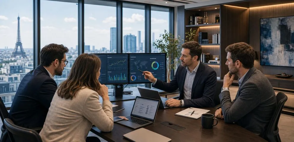 Bureau informatique professionnel avec vue sur Paris